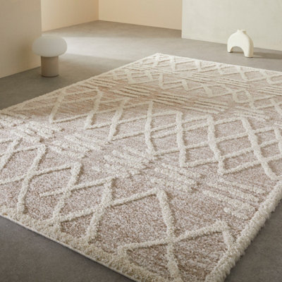 Modern Abstract Easy to Clean Geometric Beige Ivory Shaggy Rug for Bedroom Living Room & Dining Room-120cm X 170cm