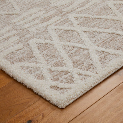 Modern Abstract Easy to Clean Geometric Beige Ivory Shaggy Rug for Bedroom Living Room & Dining Room-120cm X 170cm
