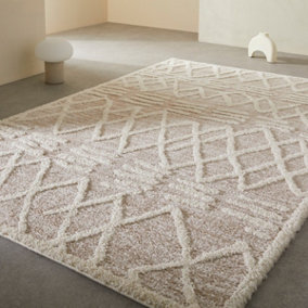 Modern Abstract Easy to Clean Geometric Beige Ivory Shaggy Rug for Bedroom Living Room & Dining Room-200cm X 285cm