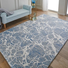 Modern Abstract Easy to Clean Handmade Blue Ivory Wool Rug for Living Room & Bedroom-120cm X 170cm