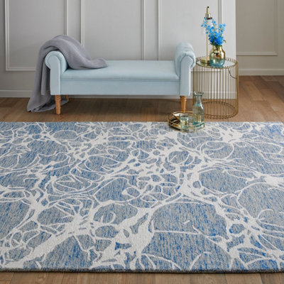 Modern Abstract Easy to Clean Handmade Blue Ivory Wool Rug for Living Room & Bedroom-200cm X 285cm