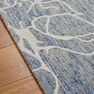 Modern Abstract Easy to Clean Handmade Blue Ivory Wool Rug for Living Room & Bedroom-200cm X 285cm