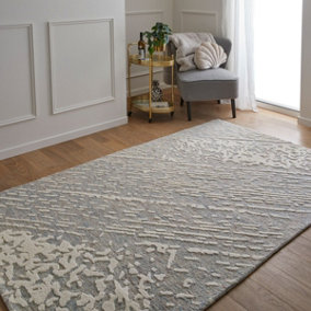 Modern Abstract Easy to Clean Light Blue Ivory Wool Living Room Bedroom Rug-120cm X 170cm