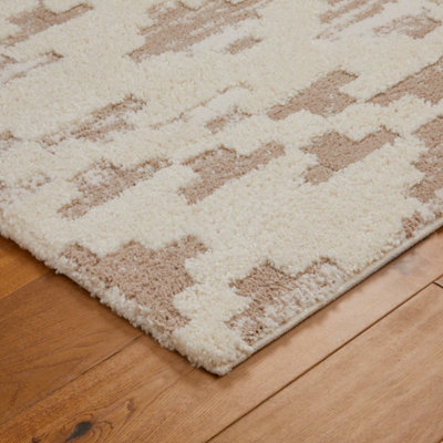Modern Abstract Geometric Beige Ivory Easy to Clean Shaggy Rug for Living Room Bedroom & Dining Room-200cm X 285cm