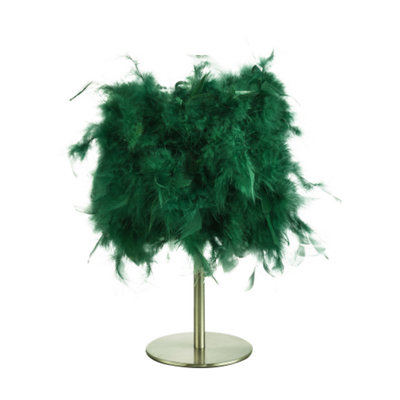 Modern and Chic Real Green Feather Table Lamp with Satin Nickel Base and Switch