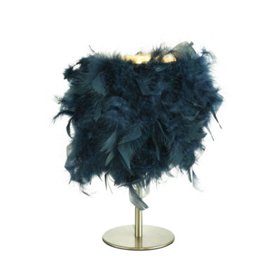 Modern and Chic Real Navy Feather Table Lamp with Satin Nickel Base and Switch