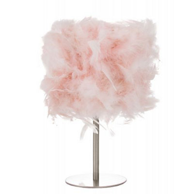 Modern and Chic Real Pink Feather Table Lamp with Satin Nickel Base and Switch