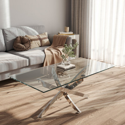 Modern and Futuristic Clear Glass Top Coffee Table with Chrome