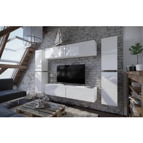 Modern and Stylish White Gloss Floating Entertainment Unit - TV Stand with Modular Design  - (H)1720mm (W)1880mm (D)380mm