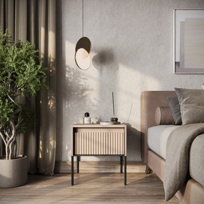 Modern andMultifunctional Bedside Cabinet Side Table H 500mm W 460mm D 400mm Sand Beige with Black Legs
