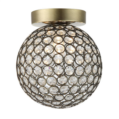 Modern Antique Brass and Clear Beaded Glass IP44 Rated Bathroom Ceiling Light