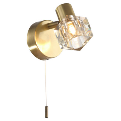 Modern Antique Brass Wall Light with Chunky Square Ice Cube Glass Shade