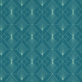 Modern Art Art Deco Geometric Fan Wallpaper Teal / Silver Rasch 620924