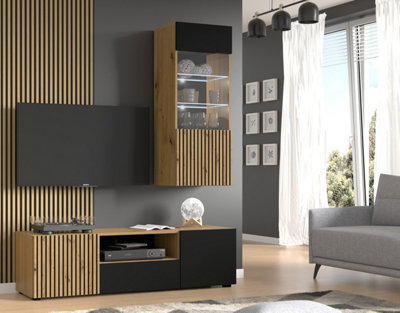 Modern Auris A Entertainment Unit (H1570mm W1500mm D420mm) - TV Stand And Storage Set in Oak Artisan And Black