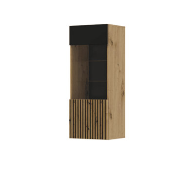 Modern Auris Wall Hung Cabinet H1150mm W450mm D370mm with Push-To-Open Door and Shelves in Oak Artisan & Black