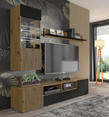 Modern Auris Wall Hung Cabinet H1150mm W450mm D370mm with Push-To-Open Door and Shelves in Oak Artisan & Black