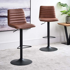 Modern bar stool faux leather gas lift with foot rest and black metal base - Kimmy Bar Stool Brandy (Set of 2)