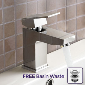 Modern Bathroom Chrome Solid Brass Basin Mixer Tap & Free Waste