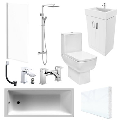 Modern Bathroom Suite 1700 x 700 Bath, Waterproof Front Panel, Close Coupled WC, 2 Door Vanity Unit, Shower & Tap Set