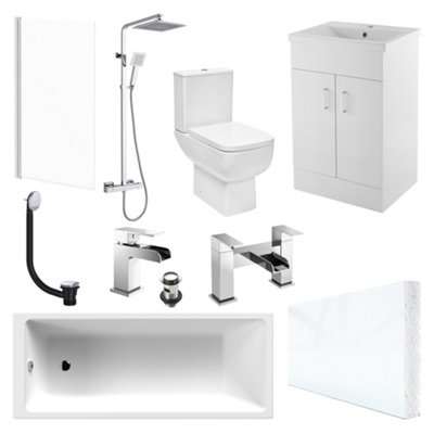 Modern Bathroom Suite 1700mm Bath, Soft-Close WC, Gloss White Vanity ...