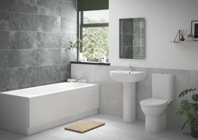 Modern Bathroom Suite ECO with 1700mm Bath, Front Panel, Rimless Close Coupled WC, Pedestal Basin and Chrome Fittings