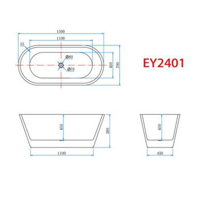 Modern Bathtub Acrylic Freestanding Bath Designer Bathroom Double Ended Tub 1500x700mm