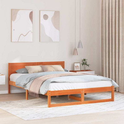 Modern Bed Frame Wax brown Solid Pine wood 150 x 200 cm Rectangular
