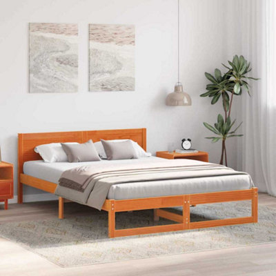 Modern Bed Frame Wax brown Solid Pine wood 150 x 200 cm Rectangular