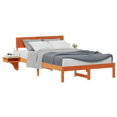 Modern Bed Frame with Bedside Tables Wax brown Solid pine wood
