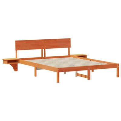 Modern Bed Frame with Bedside Tables Wax brown Solid pine wood