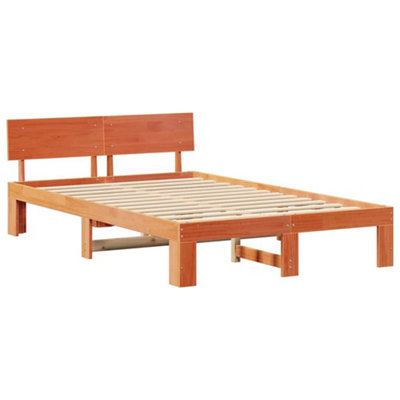 Modern Bed Frame with Headboard Wax Brown 135x190 cm Solid Pine Wood
