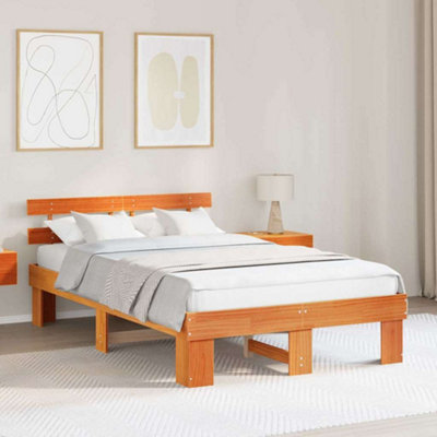 Modern Bed Frame with Headboard Wax Brown 140x190 cm Solid Wood Pine