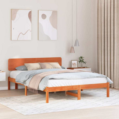 Modern Bed Frame with Headboard Wax brown 160 x 200 cm Solid Pine Wood