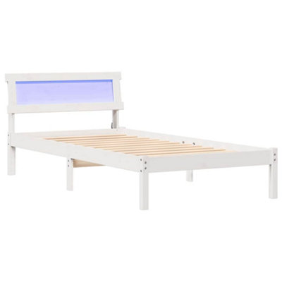 Modern Bed Frame with LED Headboard in White, 90 x 200 cm, Solid Pine