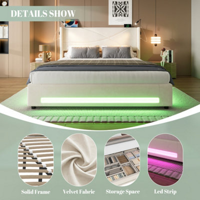 Modern Bed Frame with LED Lights & Hydraulic Storage - 135x190cm Bed ...