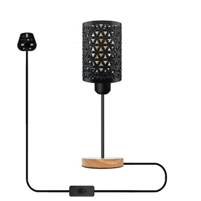 Modern Bedside Table Lamp with Wooden Stand, Metal Cage , On Off Switch , Black lamp