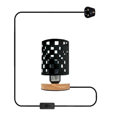 Modern Bedside Table Lamp with Wooden Stand, Metal Cage , On Off Switch , Black lamp