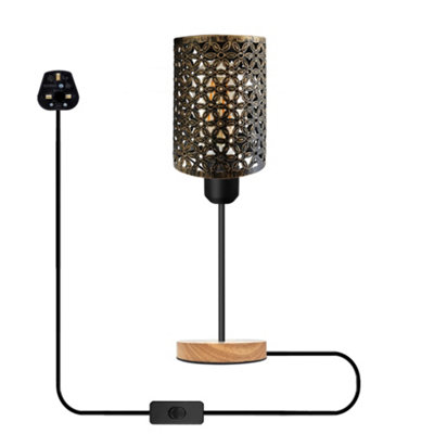 Modern Bedside Table Lamp with Wooden Stand, Metal Cage , On Off Switch ,  Brushed Brass