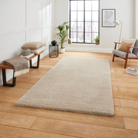 Modern Beige Shaggy Plain Easy To Clean Rug For Dining Room-120cm X 170cm