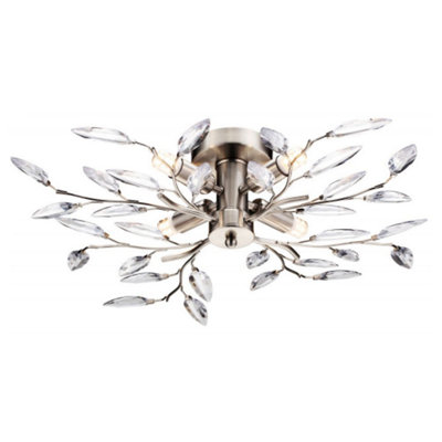 Modern Birch 4 Light Semi Flush Satin Chrome Ceiling Light with Clear Leaves