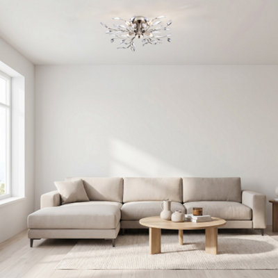 Modern Birch 4 Light Semi Flush Satin Chrome Ceiling Light with Clear Leaves