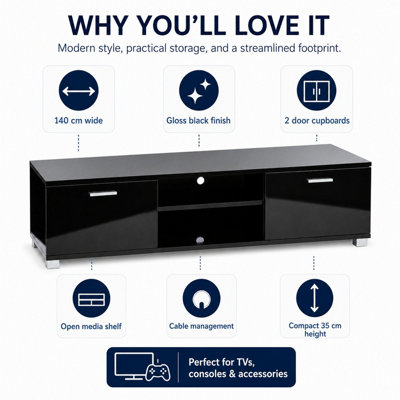 Modern Black 140cm Matt Gloss TV Stand Cabinet Suitable for 40 - 65 ...