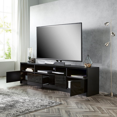Modern Black 200cm Matt Gloss TV Stand Cabinet Suitable for 55 - 80 Inch 4K LED Flat Screen TV's 4 Compartments