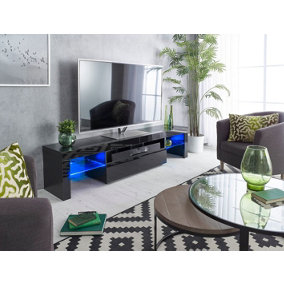 Modern Black 200cm Matt Gloss TV Stand Cabinet Suitable for 55 - 80 Inch 4K LED Flat Screen TV's Glass Shelves