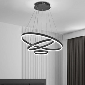 Modern Black 3 Ring Aluminum Round Adjustable Linear Hanging LED Ceiling Pendant Light in White Light