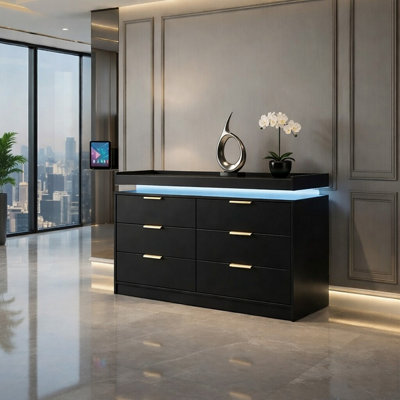 Modern Black 6 Drawer Chest with LED Lighting & Remote, 116cm Wide