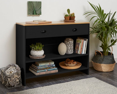 Modern Black and Oak Hallway Console Storage Unit with 2 Shelves