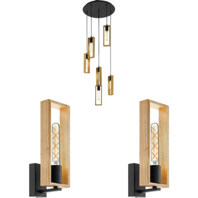 Modern Black and Wood Ceiling Pendant Light with Matching Wall Sconces