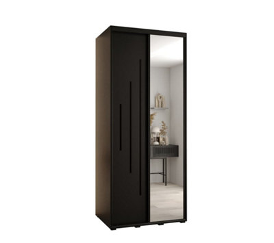 Modern Black Cannes XIII Sliding Wardrobe H2050mm W1000mm D600mm with Custom Black Steel Handles and Decorative Strip