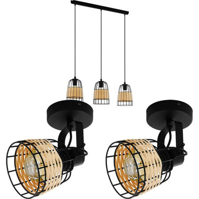 Modern Black Ceiling Spot Light with Wicker Wood Shade and Matching Wall Lights Set